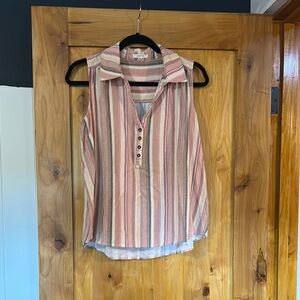 Maurices Pink and Tan Sleeveless Boho Blouse with Notched Collar